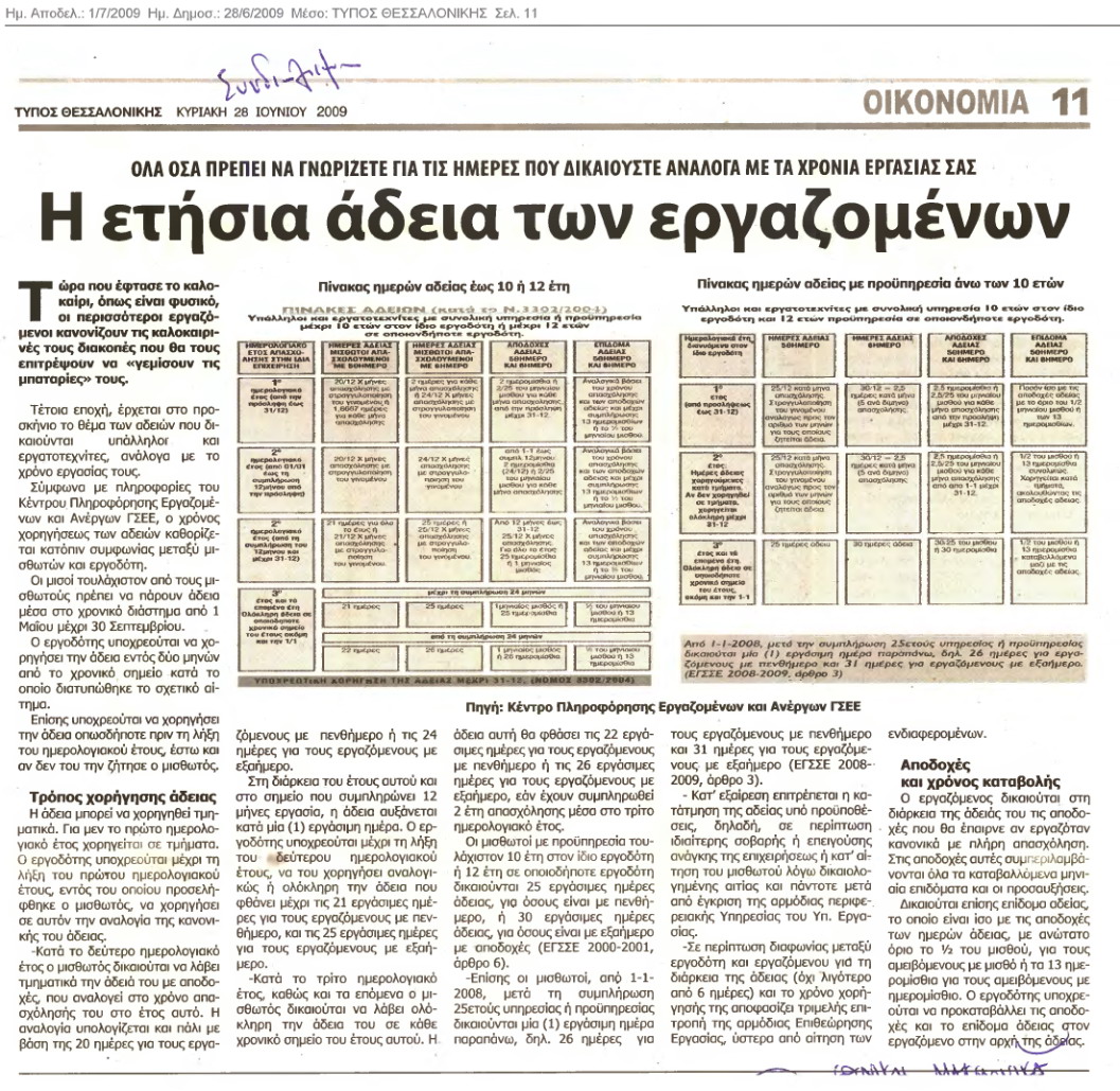 H ετήσια άδεια εργαζομένων (Τύπος Θεσσαλονίκης 26-6-09)